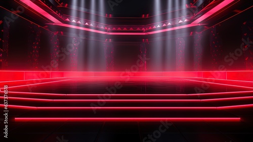 Empty night show stage, spotlight beams and diodes, red neon light, reflections. AI generation