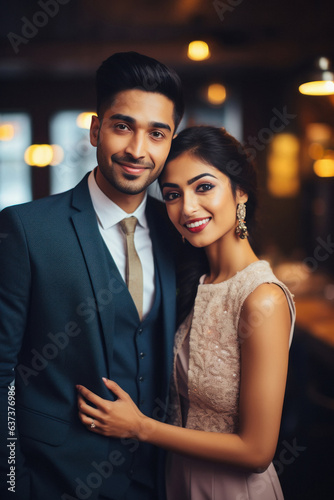 Young indian couple standing together at restaurant