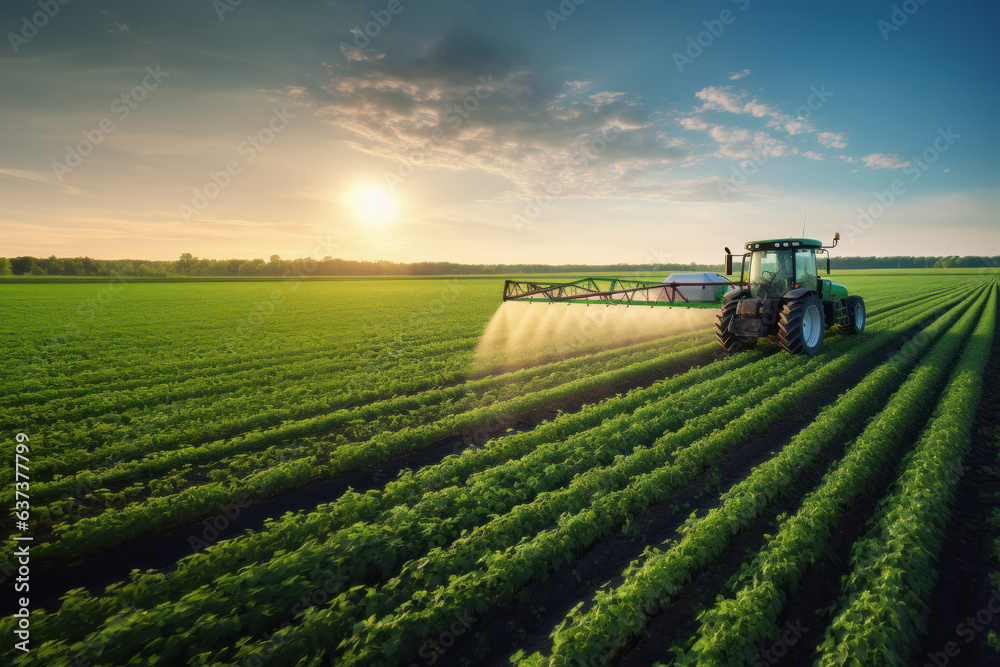 Fototapeta premium Spraying pesticide with tractor ar agriculture field.