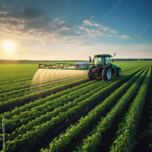Spraying pesticide with tractor ar agriculture field. photo