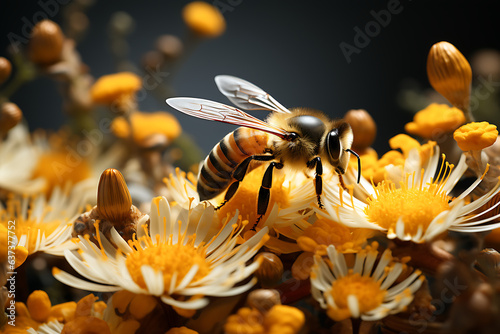Closeup of a Bee on a Bed of Flowers, Pollination Digital Concept Render