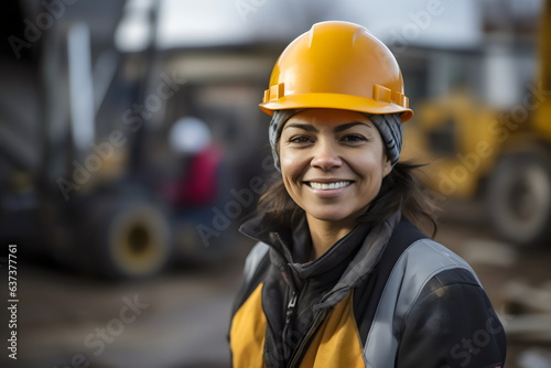 portrait of smiling poc female engineer on site wearing hard hat, high vis, and ppe