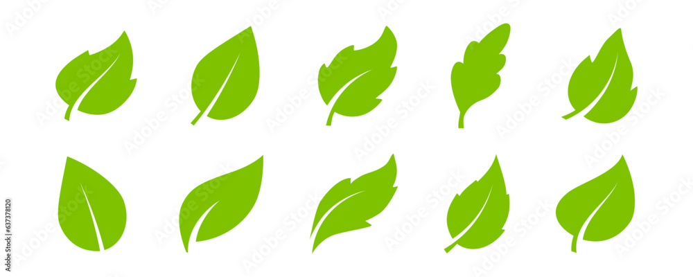 Set of leaf icons in flat style. Collection with green leaves. Environment and nature eco sign. Organic, eco, green product. Ecology. Nature element vector icons for graphic design. Beauty product Set of leaf icons in flat style. Collection with green leaves. Environment and nature eco sign. Organic, eco, green product. Ecology. Nature element vector icons for graphic design. Beauty product