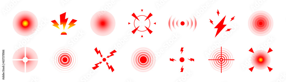 Circles symbols of pain. Red circles for marking human pain. Head toothache muscular menstrual joint pain, hurt body part marker. Pain localization mark. Health problem, pain and injury on human body