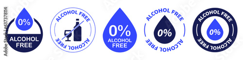 Alcohol free icon vector set. Zero alcohol emblem. Zero percent alcohol label. Non alcoholic. Safe product contain no alcohol, 0% symbol. Skin and body care, cosmetic product non alcoholic symbol.