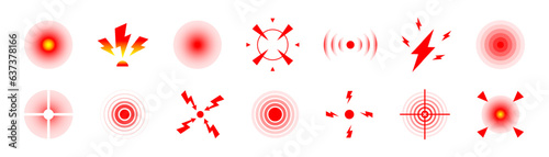 Circles symbols of pain. Red circles for marking human pain. Head toothache muscular menstrual joint pain, hurt body part marker. Pain localization mark. Health problem, pain and injury on human body