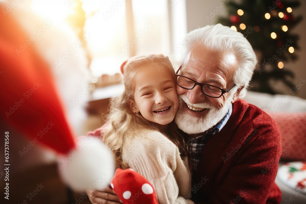 Grateful little girl embracing her grandfather, Christmas - obrazy, fototapety, plakaty 