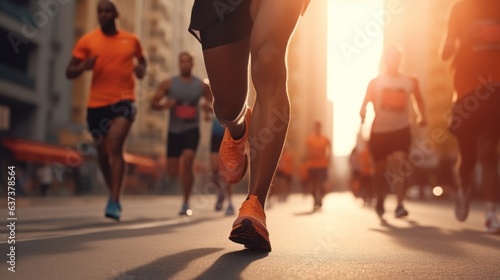 Close-up feet of group runner running marathon on the road in the urban during rain fall and sunset.