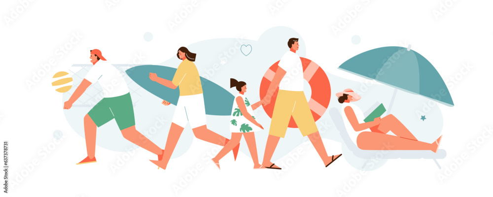 People spending time and relaxing on the beach. Summer activity and leisure. Vector characters