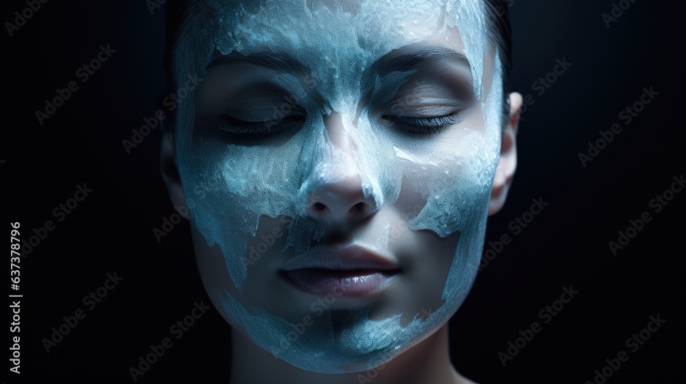 Woman's face half covered with a hydrating mask and the other half glowing