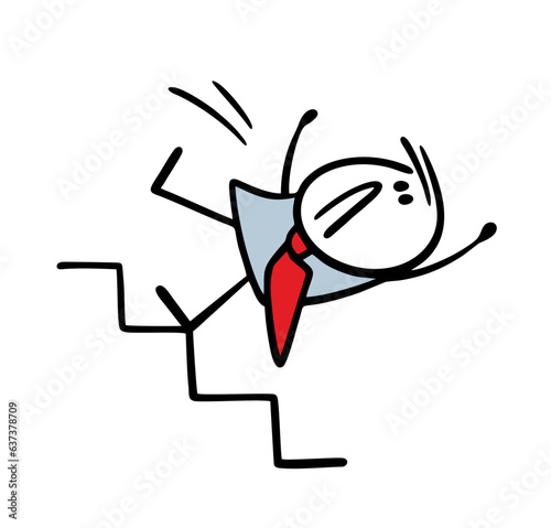 Cartoon unfortunate businessman slipped on the stairs and falls down. Vector illustration of a stickman man walking up the steps to success.