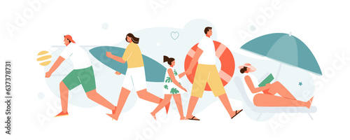 People spending time and relaxing on the beach. Summer activity and leisure. Vector characters