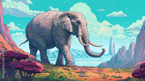 A giant mythical elephant in a mystical mountain range . Fantasy concept , Illustration painting.