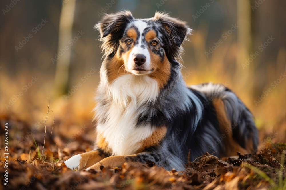 A dog of the Australian Shepherd breed in the park for a walk in autumn