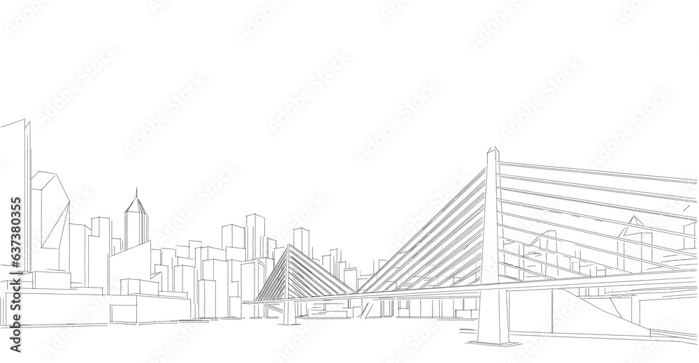 Fototapeta premium City skyline sketch drawing 3d illustration 3d rendering