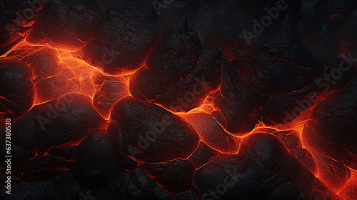 Crack in rock filled with lava from volcano between dark black stones. Red lava texture background