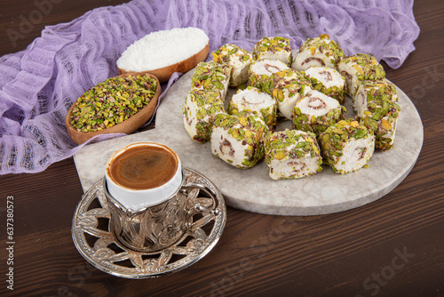 Delicious Turkish Delight with pistachios. Assortment of Turkish delight with pistachio. Mixed Turkish Delight. local name Antep fistikli lokum. photo