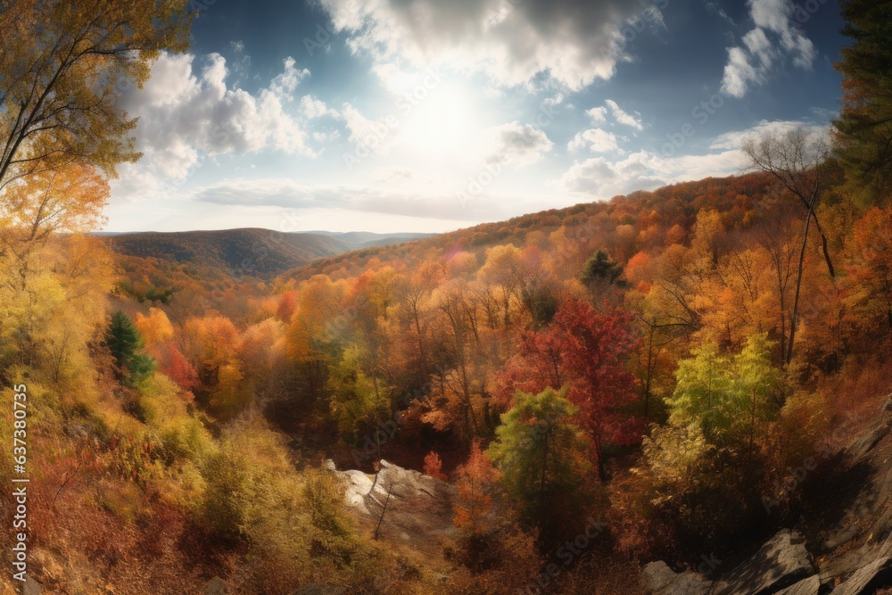 A colorful autumn landscape with mountains and trees