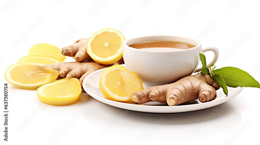 Fresh ginger roots lemon and a cup of tea isolated on white Fresh ginger roots lemon and a cup of tea isolated on white