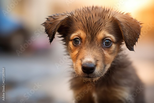 Homeless puppy photo realistic illustration - Generative AI. photo