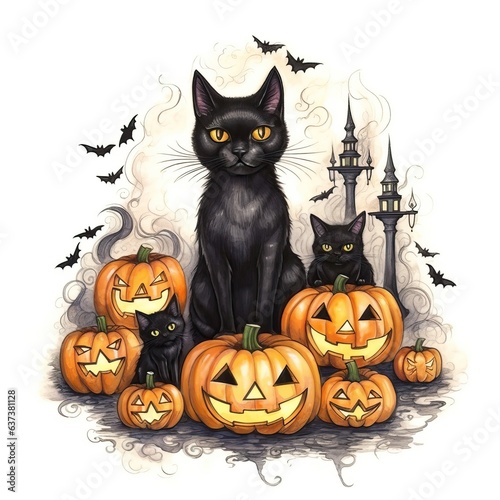 Halloween fine marker and watercolor print with cats high quality ai generated image