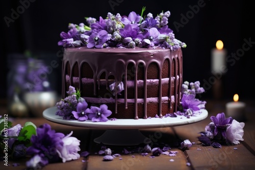 Bouquet baking  chocolate cake with purple flowers