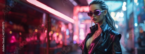 Woman Futuristic Elegance Background - A Woman in Vivid Cyberpunk - Neon Accents and Glitchy Overtones - Beauty in Every Frame - Woman Cyberpunk Backdrop Created with Generative AI Technology