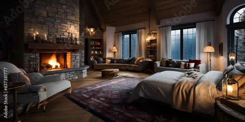 Cozy Snowy Forest Bedroom with Fireplace, View of fireplace with burning logs gray bed and natural fur on floor next to it, A living room with a fireplace, generative Ai   © Mustafa