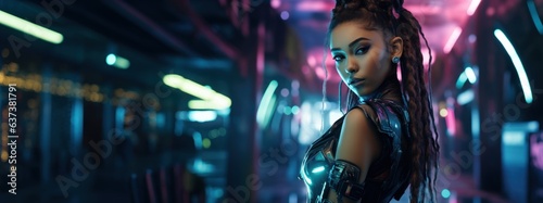 Woman Futuristic Elegance Background - A Woman in Vivid Cyberpunk - Neon Accents and Glitchy Overtones - Beauty in Every Frame - Woman Cyberpunk Backdrop Created with Generative AI Technology