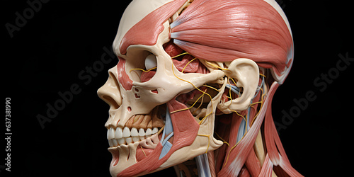  Human anatomy showcasing male muscles with nerves, isolated on black background, Human head anatomy of skull, facial muscles, veins and arteries, black background, human head brain , generative Ai 