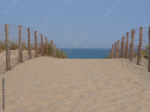 A small sand path goes through the sand dunes to the Atlantic ocean. June 2023, Cap Ferret, France.