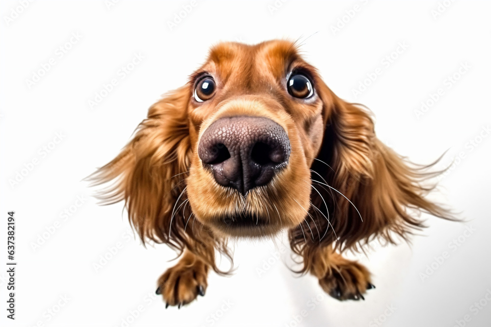 a dog with long hair looking up at the camera
