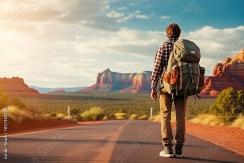 Young backpacker hitchhiking road in Sedona canyon on a sunny day. Auto stop adventure, backpack concept.