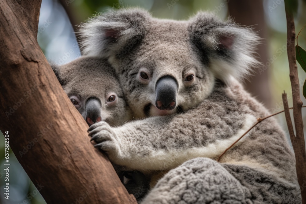 Obraz premium Two adorable koalas cuddling in a tree