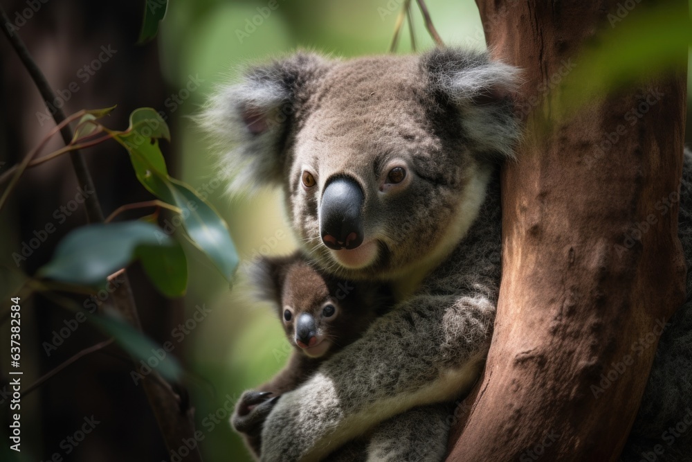 Fototapeta premium A mother koala and her baby in a eucalyptus tree