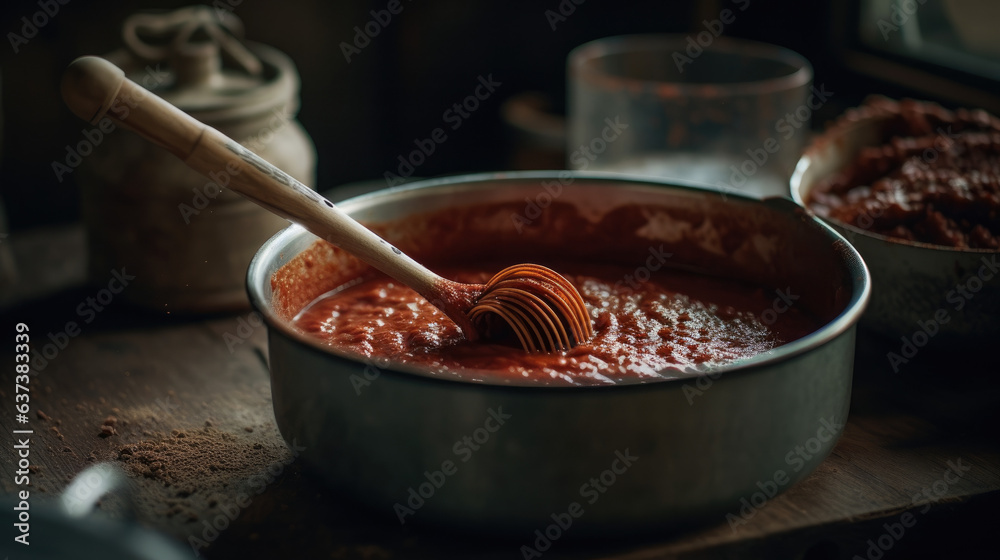 mixing pasta sauce with a ladle, showing its rich texture. mixing pasta sauce with a ladle, showing its rich texture.