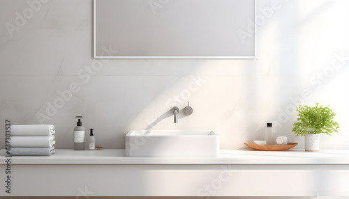 White bathroom sink standing white mockup poster
