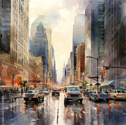 A watermarked image of a city street with cars and a traffic light illustration Painting