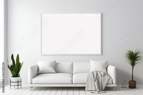 Blank wooden picture frame mockup in modern interior. Vertical template mock up for artwork  painting  photo or poster in interior design  generative AI 