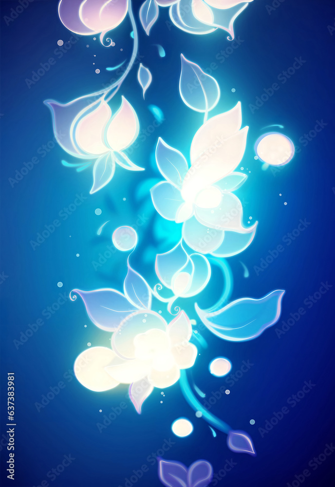 transparent bright fabulous flowers in the radiance of light on a blue background
