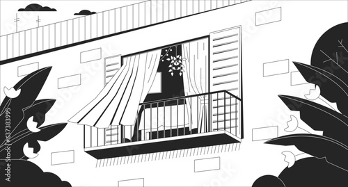 Curtains blowing in wind from opened window black and white chill lo fi background. Balcony outline 2D vector cartoon exterior illustration, monochromatic lofi wallpaper desktop. Bw 90s retro art