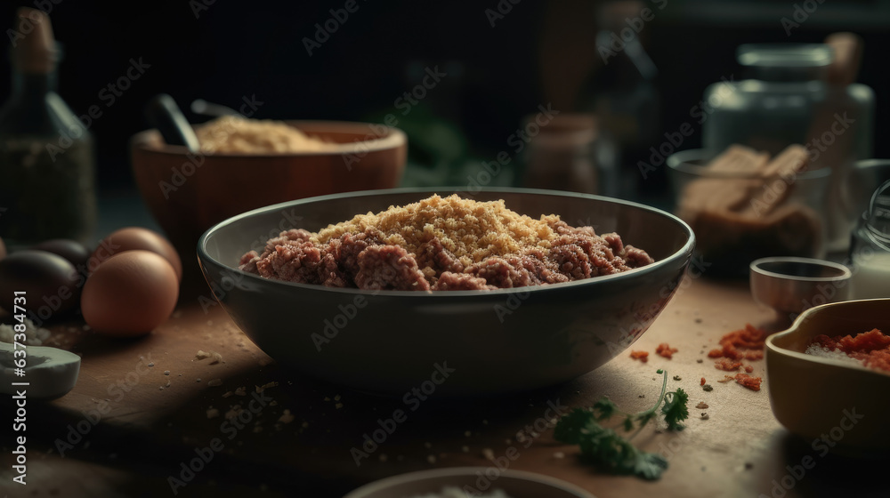 mixing ground meat and ingredients in bowl. mixing ground meat and ingredients in bowl.
