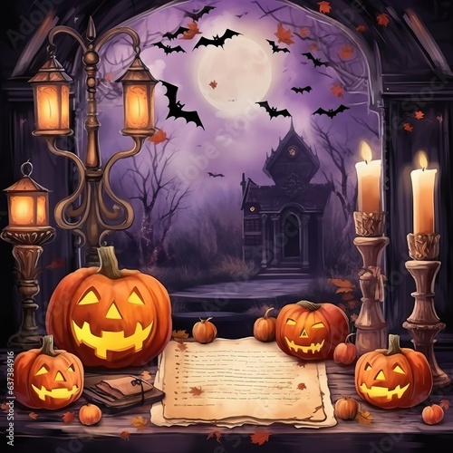 Halloween theme bat moon pumpkin and candle high quality ai generated image