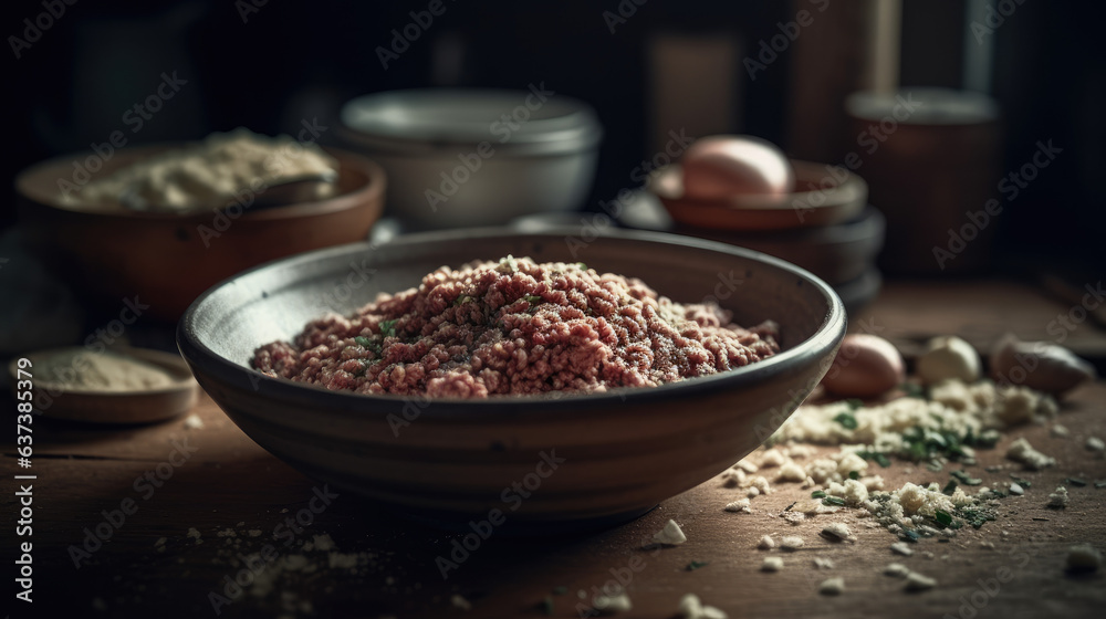 mixing ground meat and ingredients in bowl. mixing ground meat and ingredients in bowl.
