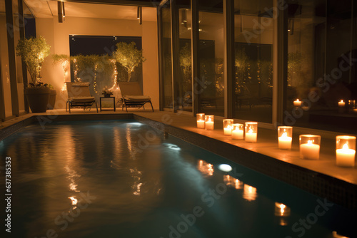 Sauna, swimming pool and candles. Generative AI technology.