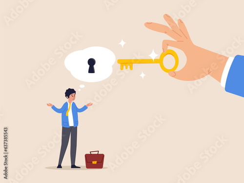 Key to unlock business idea concept. Business support or help to solve problem, clear and unblock work obstacle, businessman thinking with idea as a keyhole with helping hand holding the success key. photo