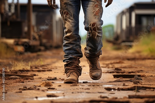 Feet of a man walking dusty road, dirty jeans and old boots