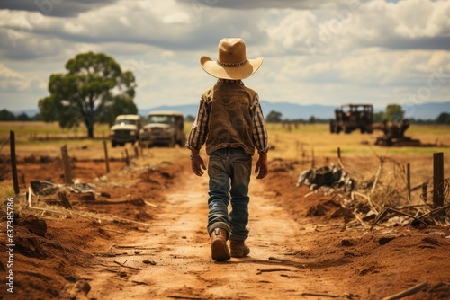 Obraz na plátně Little cowboy walk rural road on a summer day, back view
