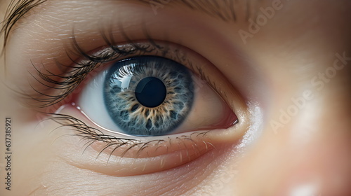 realistic close up blue child's eye, macro of baby face