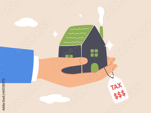 Property tax concept. Real estate or housing payment, money or bills to pay for government, businessman hand holding house with the price tags showing property tax with dollar signs to pay for.